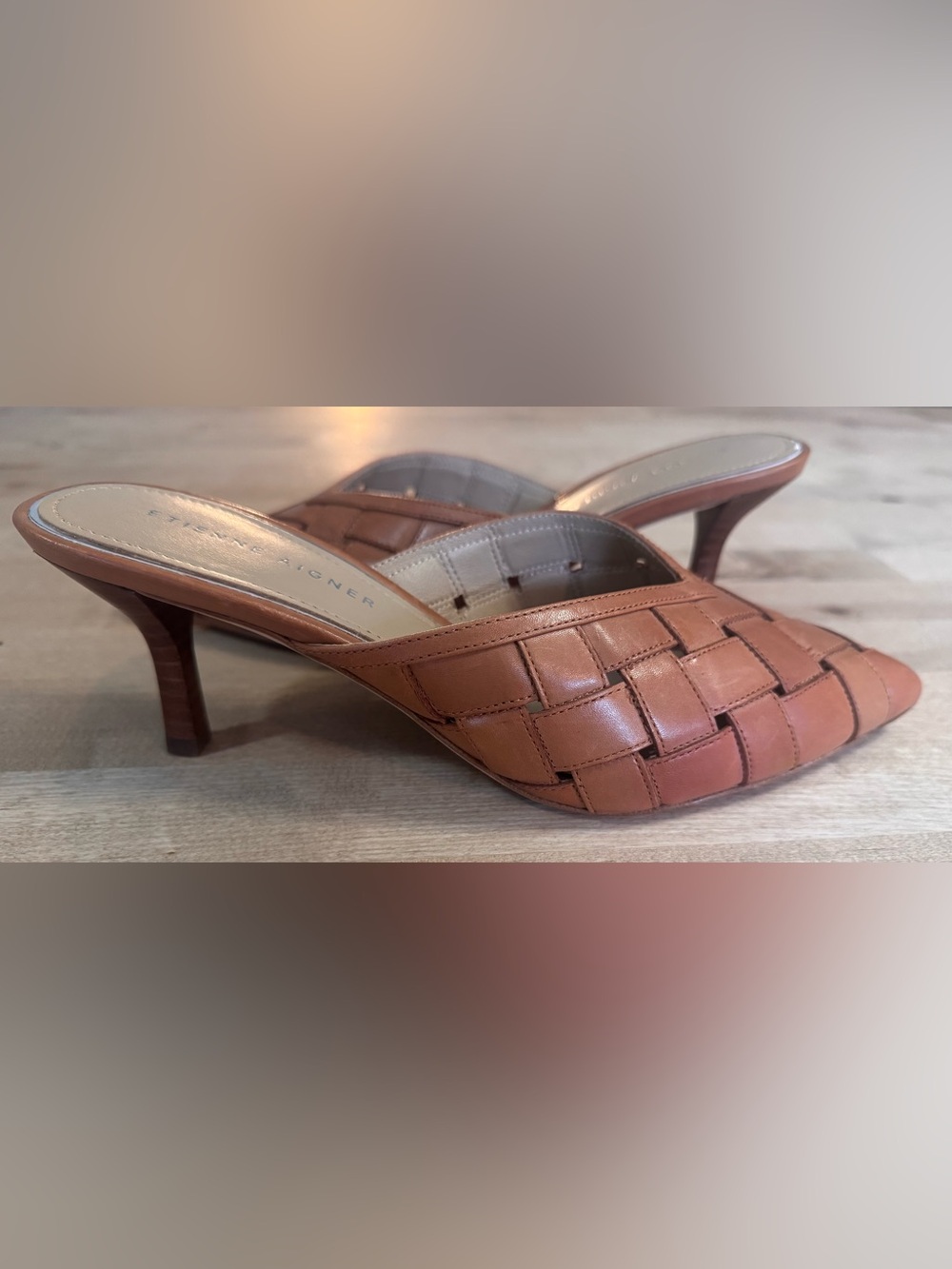 NWOT Etienne Aigner Bedford Tan Woven Leather Pointed Toe Mule Heels